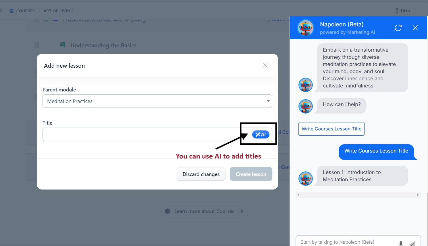ClickFunnels interface showing AI-generated lesson titles for the Meditation Practices module