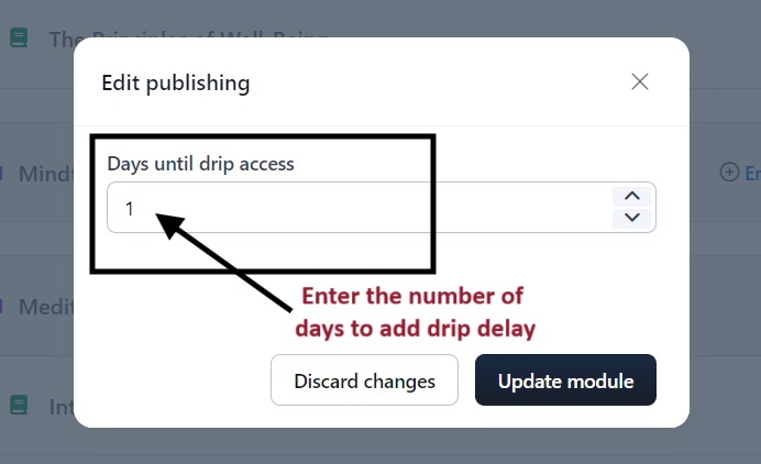 ClickFunnels interface for editing publishing settings to add a drip delay for course modules