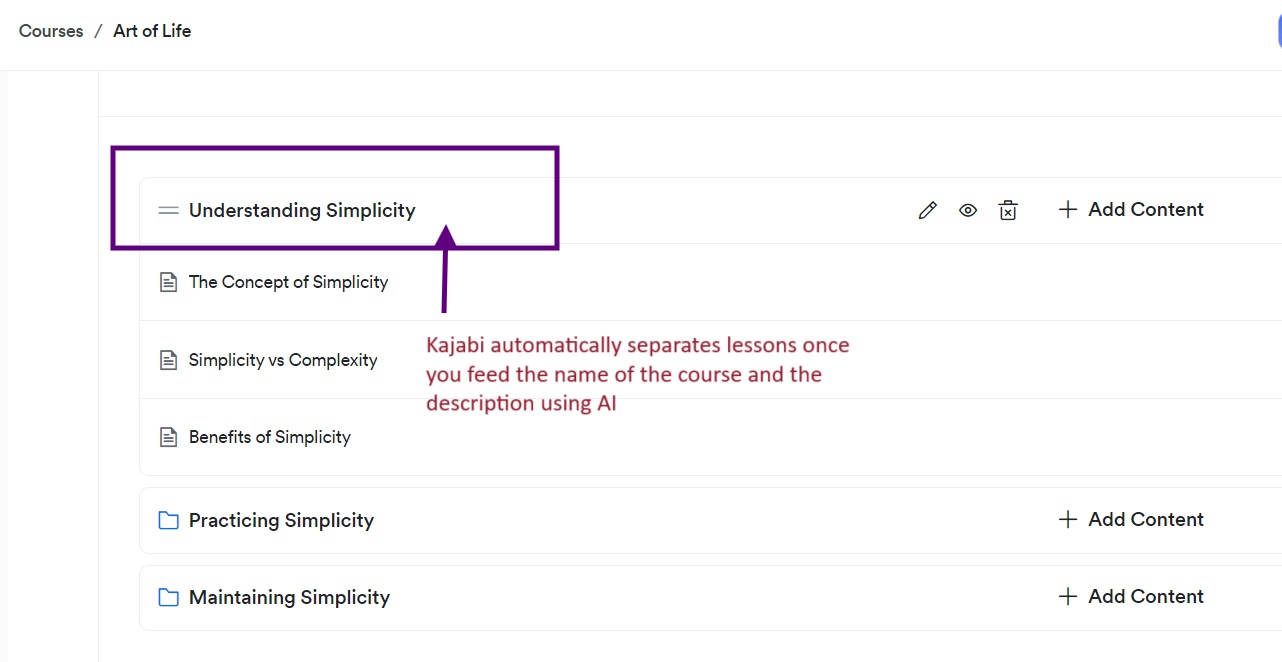 Kajabi's AI-driven lesson separation feature for a course on simplicity concepts and benefits