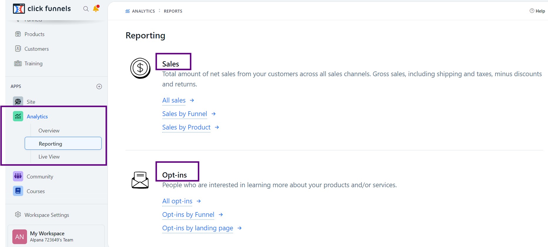 sections for sales and opt-ins with options to view all sales, sales by funnel, product,etc