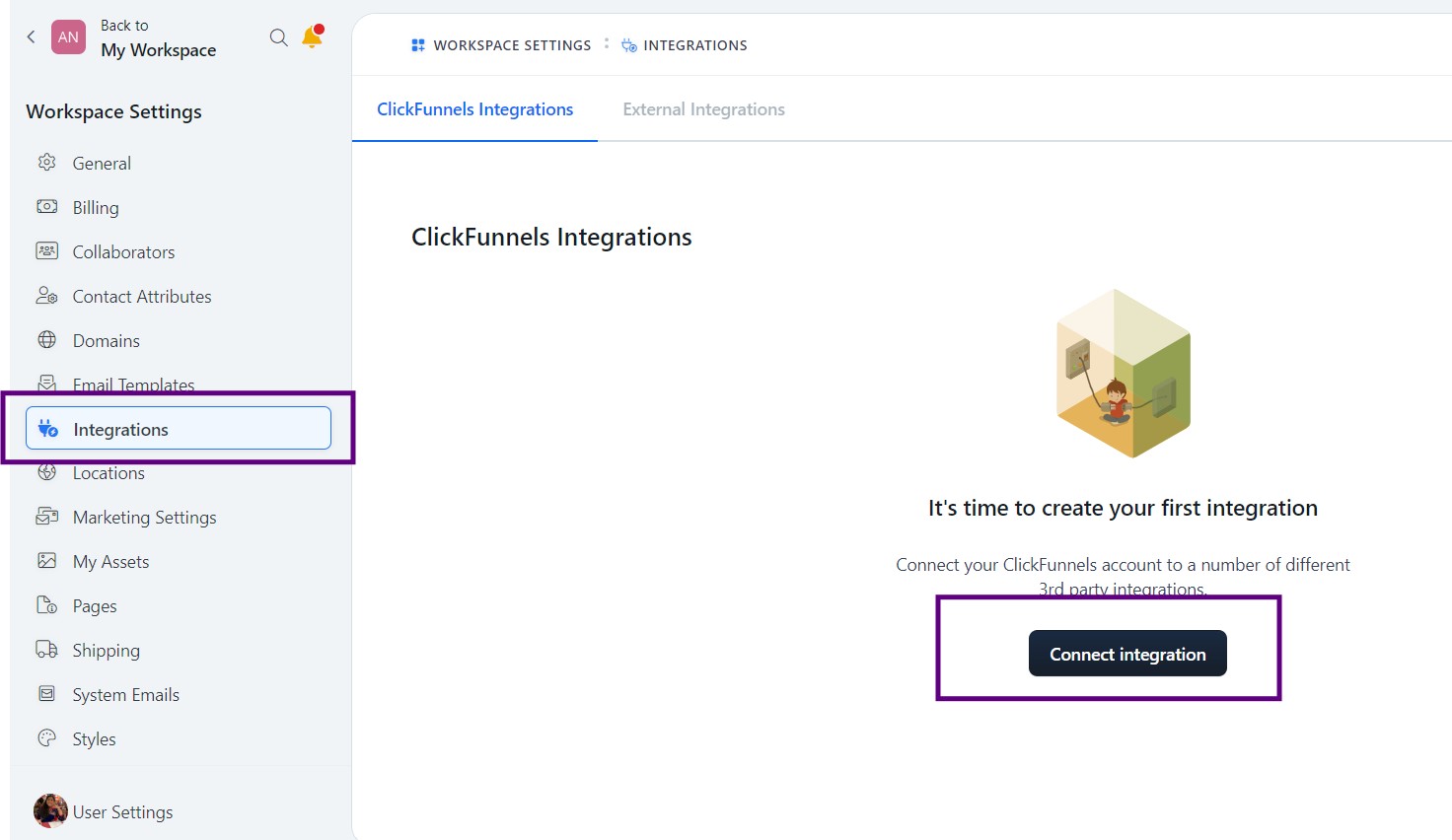 ClickFunnels Integrations setup page with the prompt to connect your first integration with a "Connect integration" button.