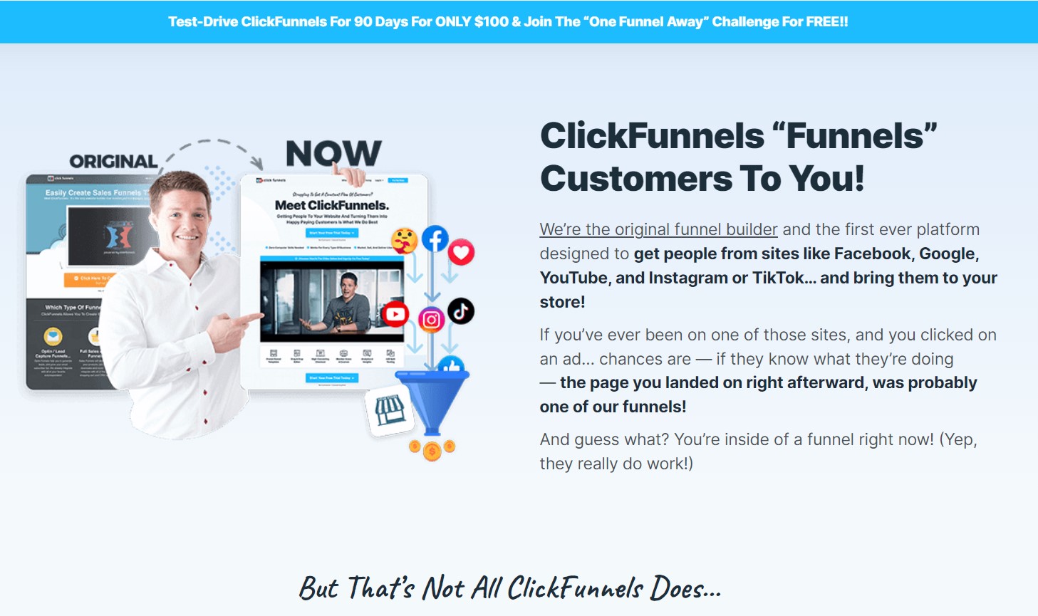 ClickFunnels introduction highlighting the platform's ability to generate leads and convert them into customers.