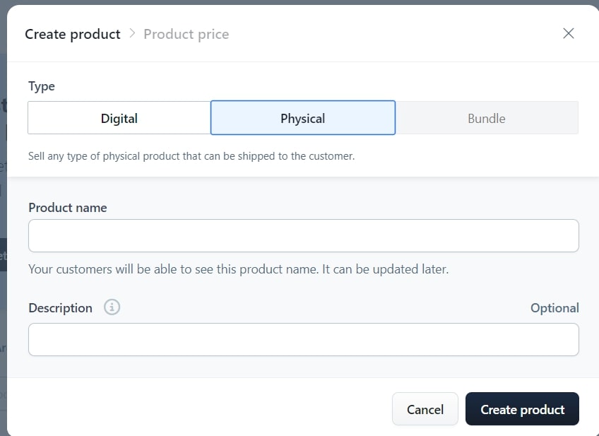ClickFunnels create a product screen with options for digital, physical, and bundle products.