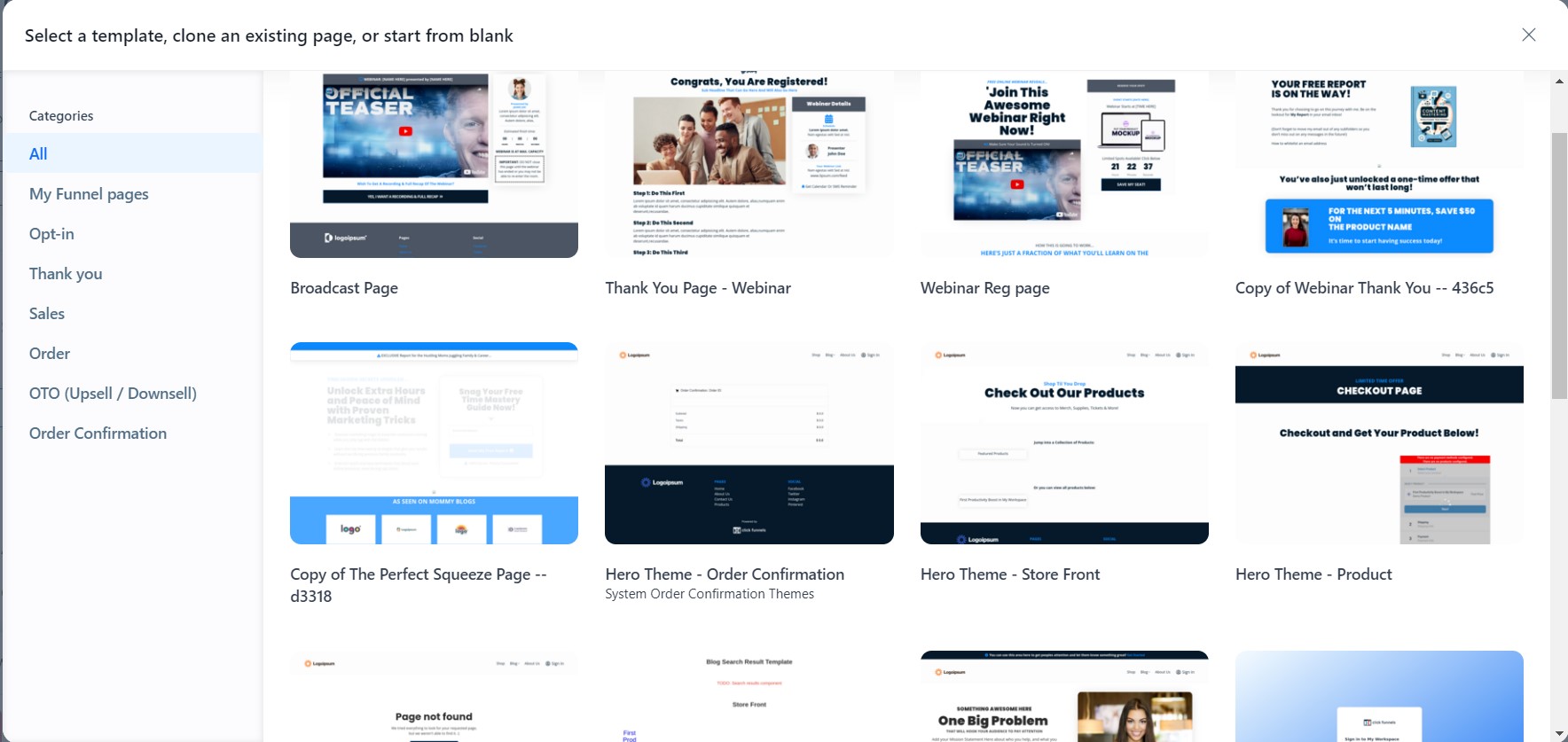 ClickFunnels template selection screen showing various page templates