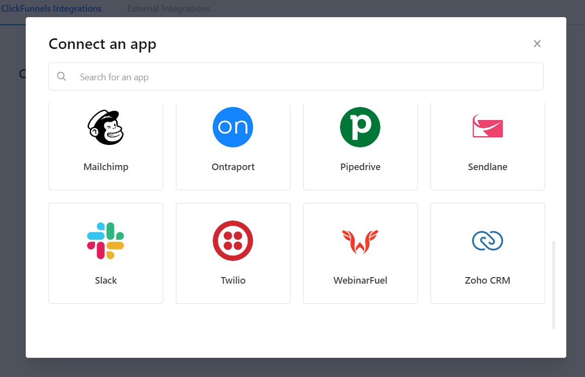 ClickFunnels integrations page showing various app options for connection, including Mailchimp, and Zoho CRM