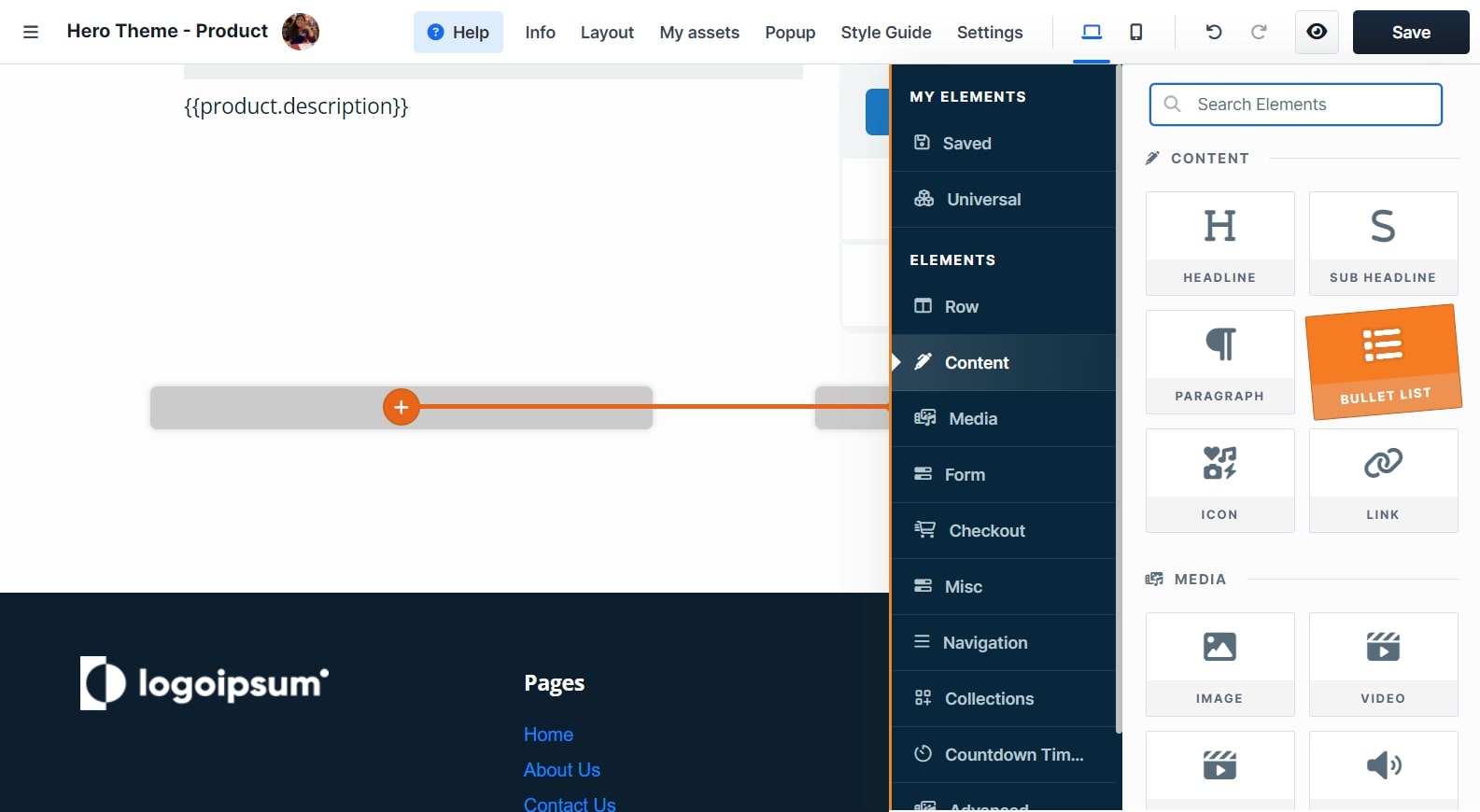 ClickFunnels' drag-and-drop editor feature shown with various content and media options, enabling easy customization of landing pages and websites.