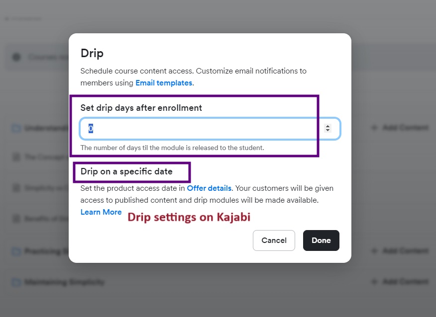 Kajabi Drip Settings: Control Module Availability Times