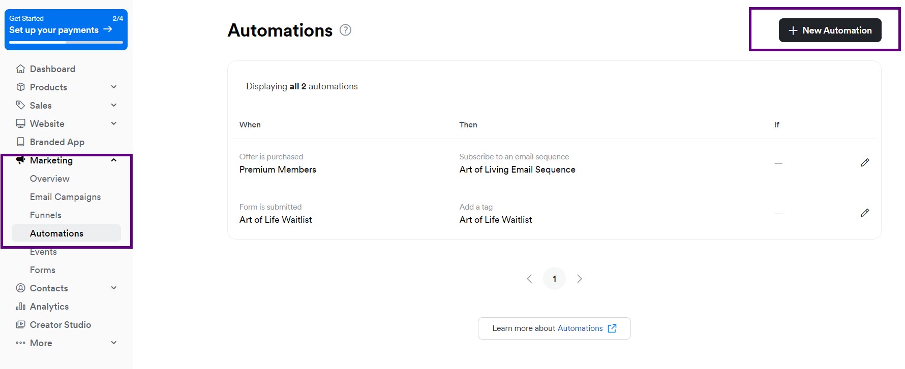 Kajabi Automations dashboard, displaying automation options for premium members and the art of life waitlist, with options to create new automations