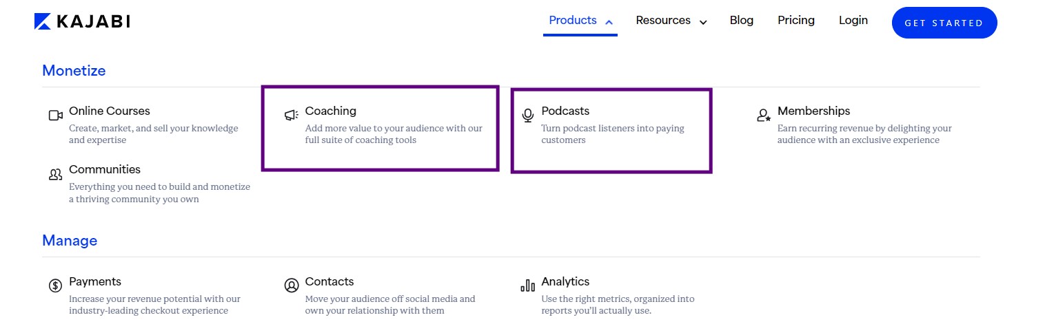 Kajabi's products page showcasing options for monetizing through online courses and podcasts