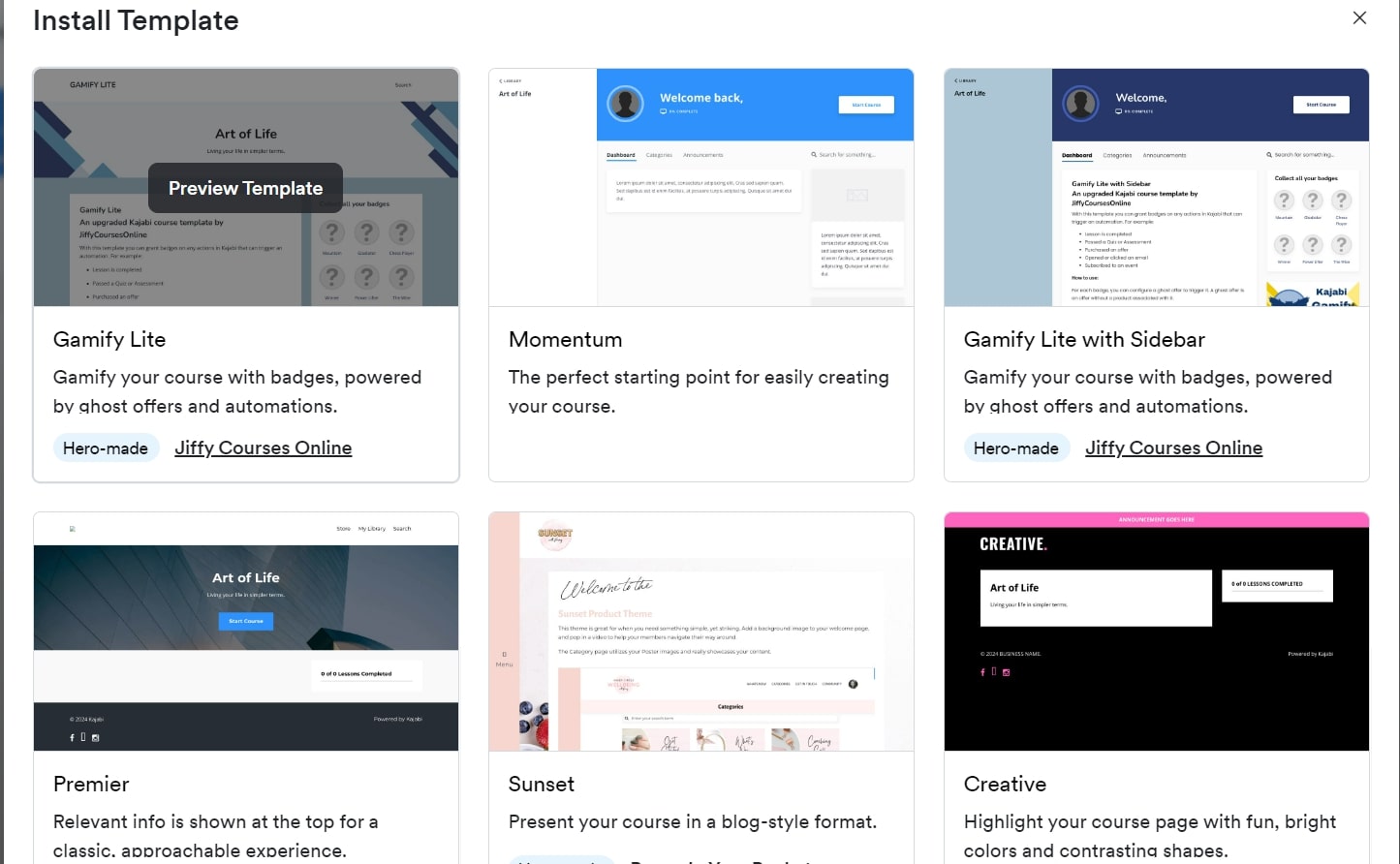 Kajabi course templates displayed for selection, including Gamify Lite, Momentum, and Creative
