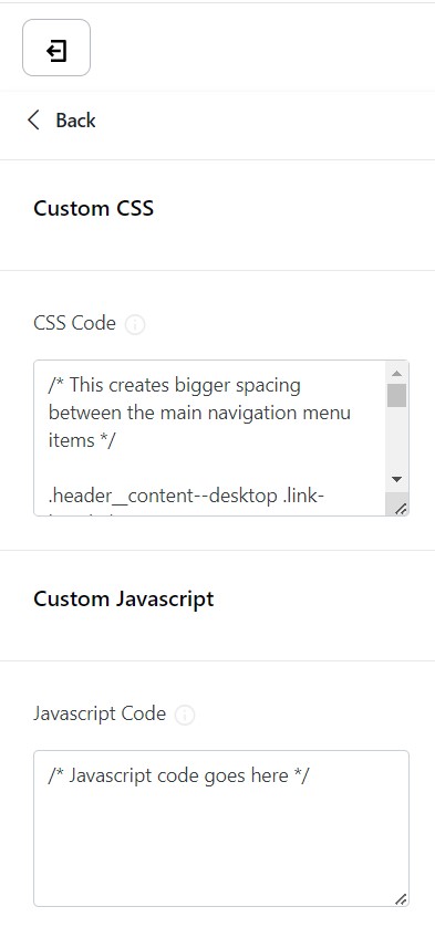 Kajabi interface showing custom CSS and JavaScript settings for website customization