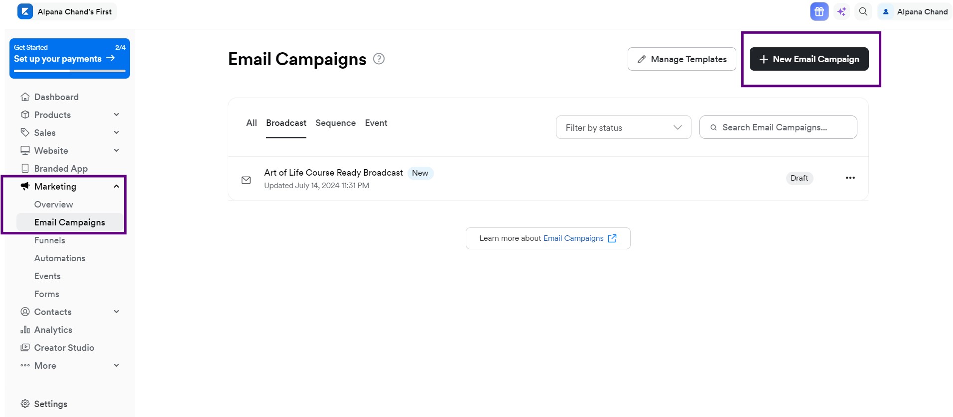 Kajabi's email campaigns dashboard, showing options to create and manage email broadcasts with a drag-and-drop editor