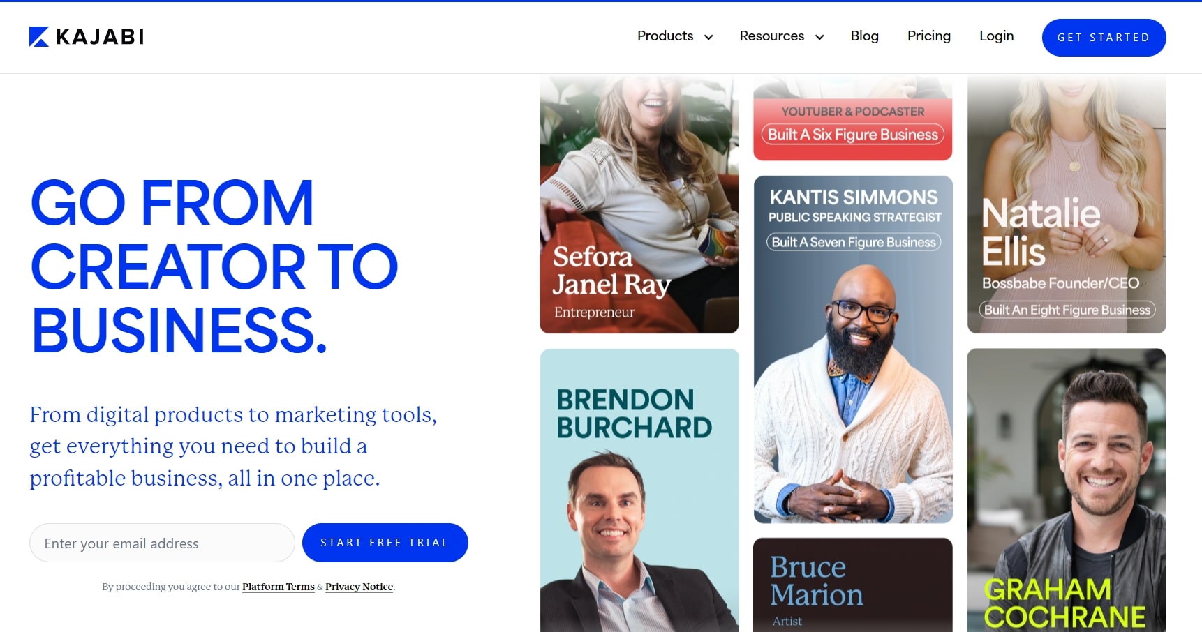 Marketing tools and digital products from Kajabi highlighted by successful entrepreneurs and business owners.