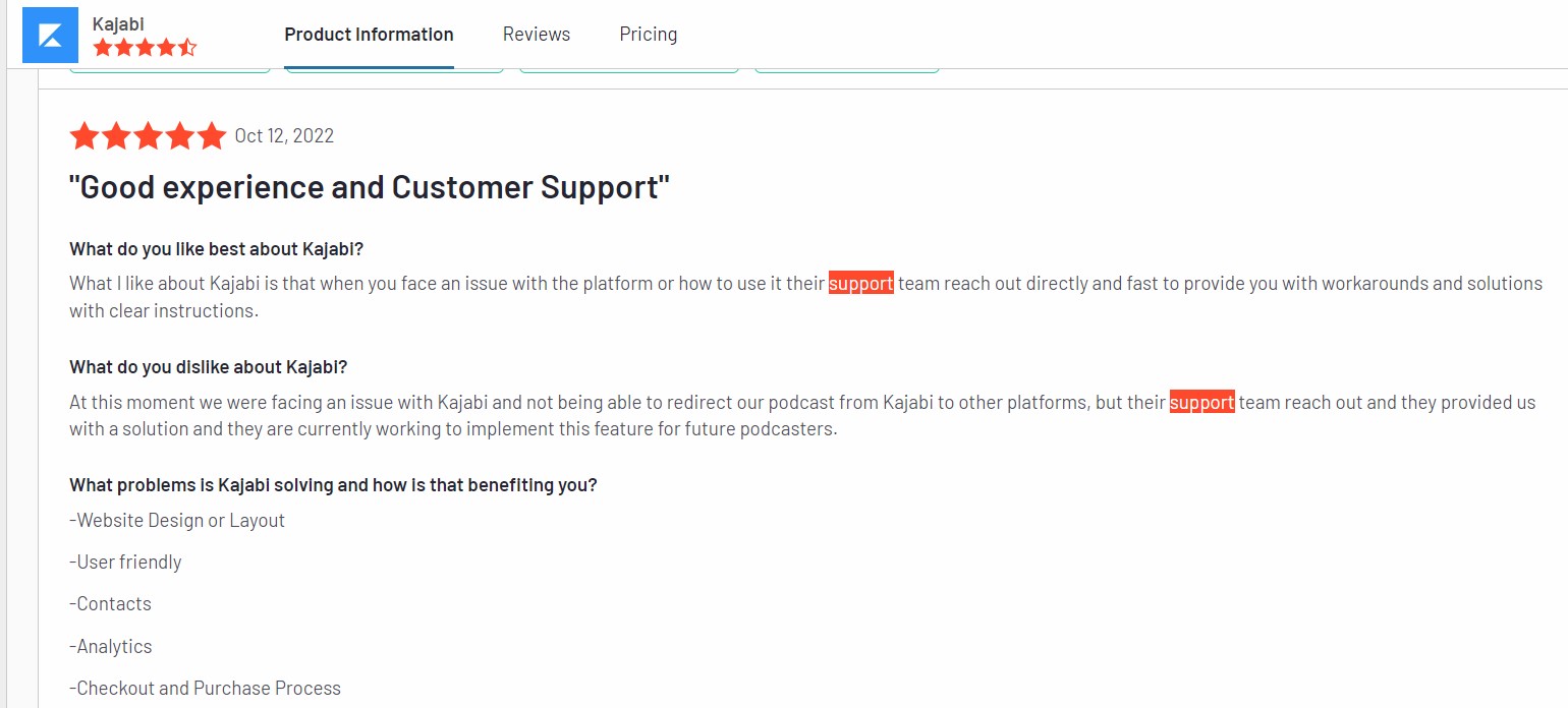 Positive feedback about Kajabi's support team and user-friendly features on G2 from a verified user