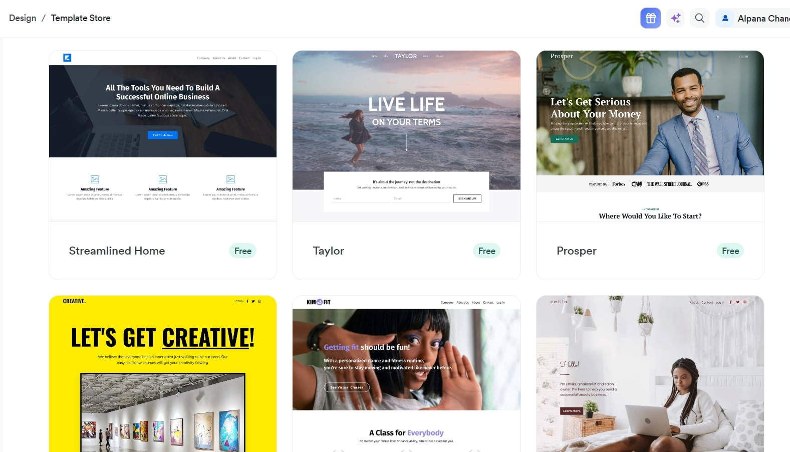 Kajabi Template Store showcasing a variety of free customizable website templates for different business needs.
