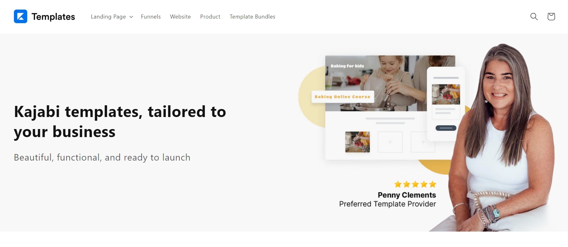 Kajabi's functional and beautiful templates endorsed by Penny Clements for business use.