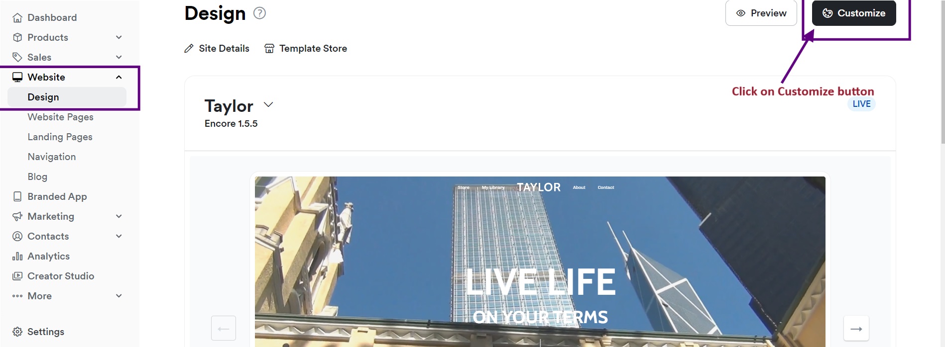 Screenshot of Kajabi website customization page with design options