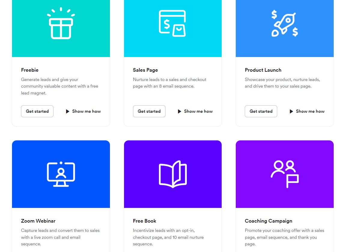 Examples of Kajabi Funnel Templates including Freebie, Sales Page, and Coaching Campaign options.