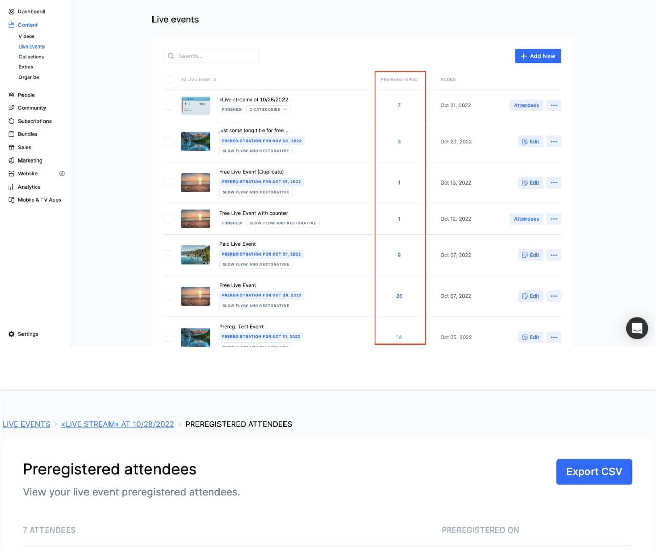 The screenshot shows the 'Live events' management page on the Uscreen platform. The left side navigation bar includes options like Dashboard, Content, People, and Analytics.