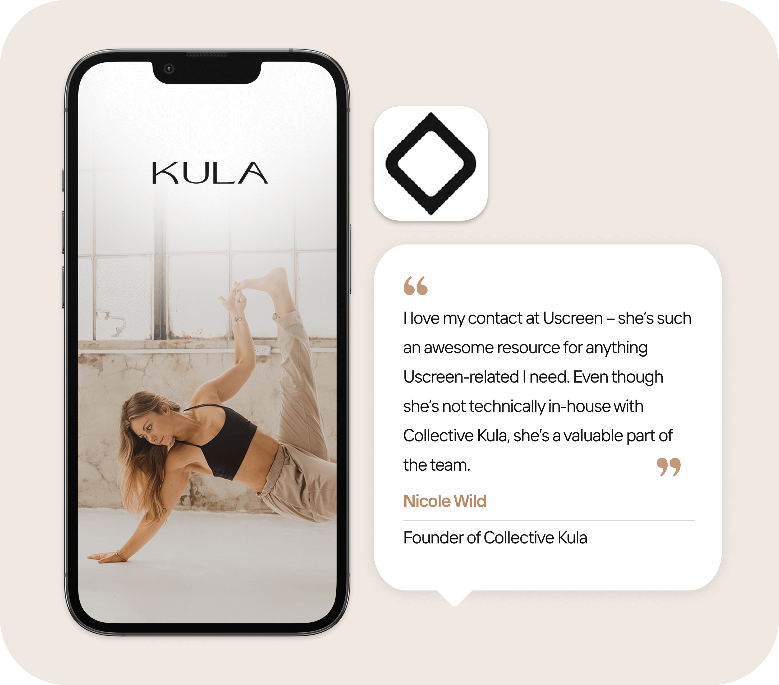 An image of Kula Collective's membership mobile app along side a quote about Uscreen's incredible support.