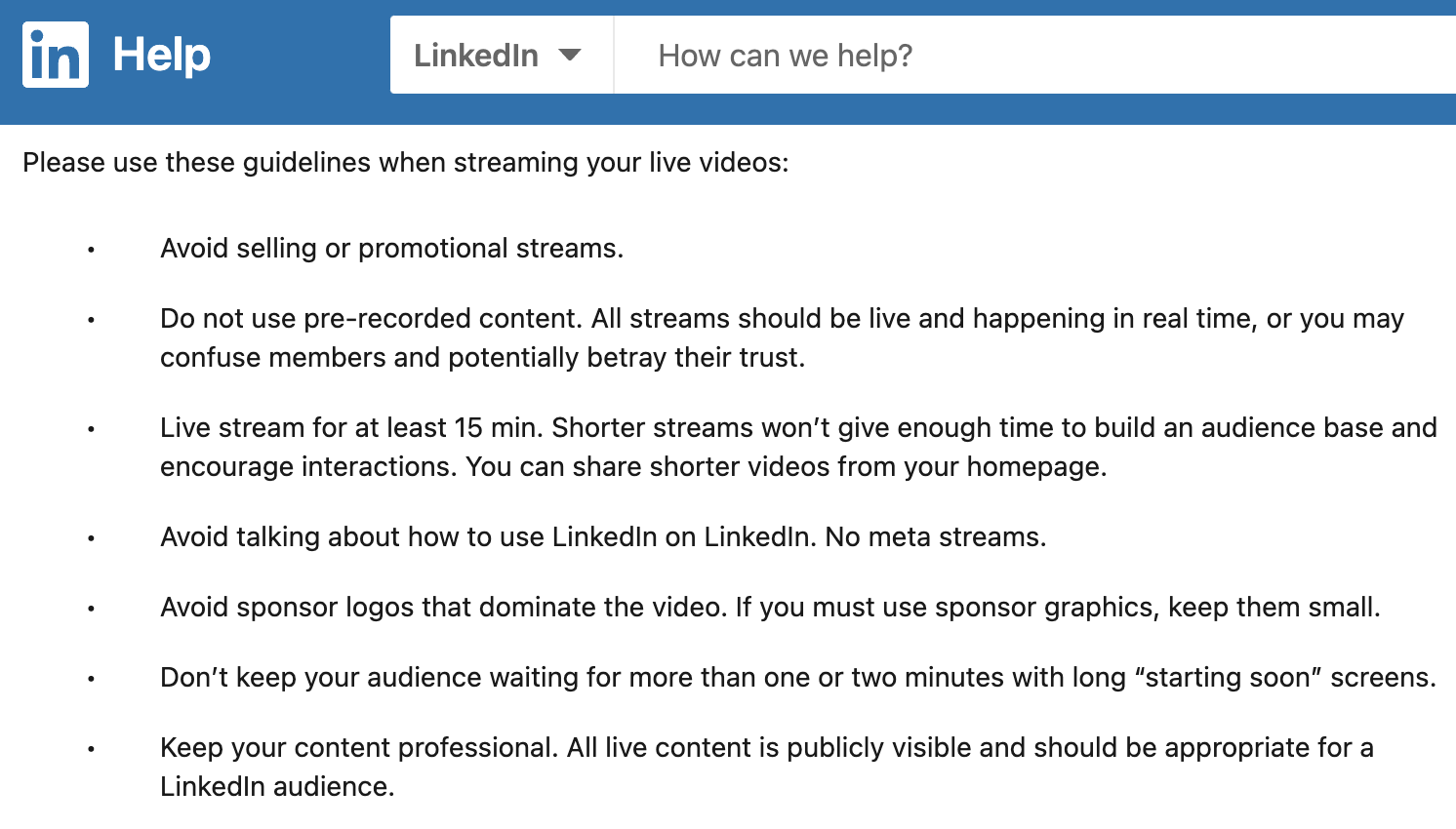 LinkedIn live video Guidelines