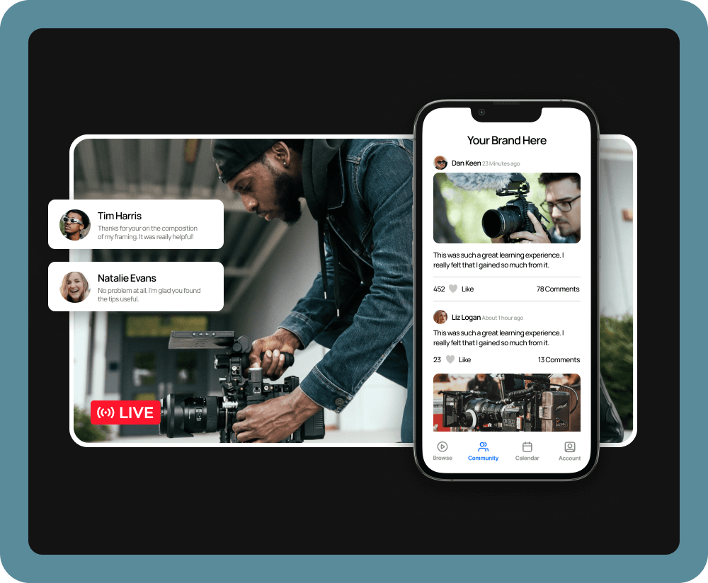 An image of a Mobile and TV membership experience. The Mobile phone displays a Uscreen Community experience, while the TV displays a live stream of a video maker along side live chat messages.