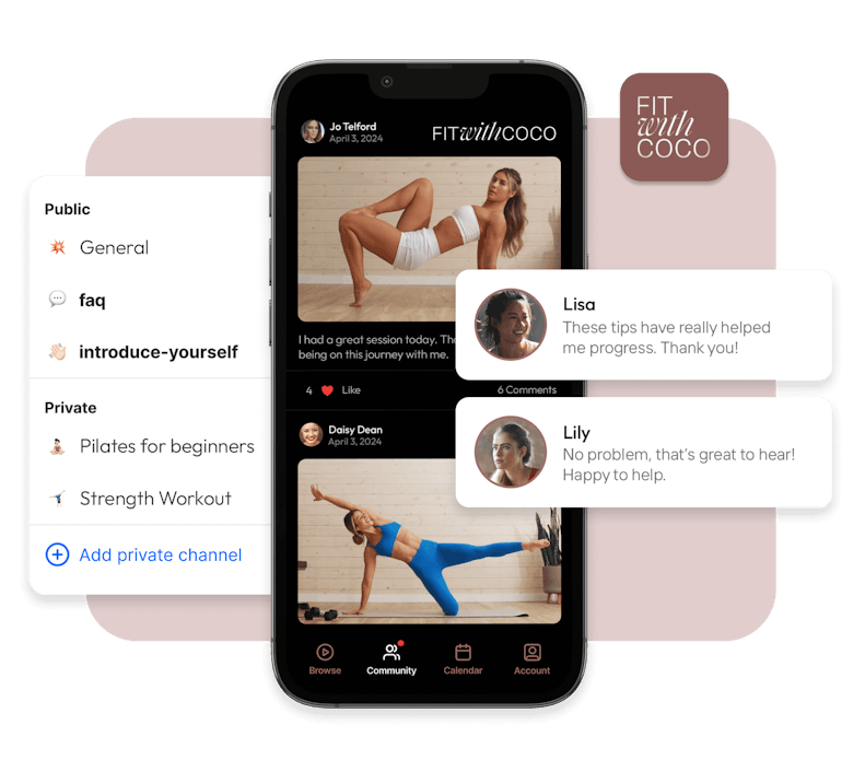 An image of Fit with Coco's Mobile App Community, specifically highlighting public and private channels and chats.
