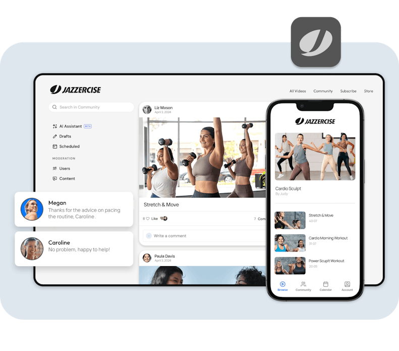 An image of Jazzercise's membership. Specifically, an image of thier mobile app experience, highlighting a video playlist, alongside a desktop view of thier membership community.