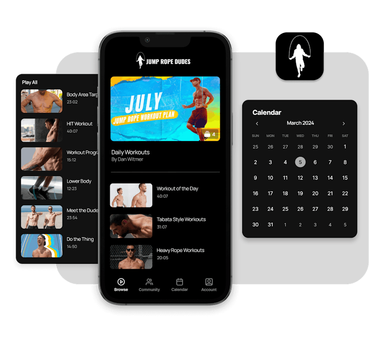 An image of Jump Rope Dudes mobile app experience, specifically a video playlist and calendar feature.
