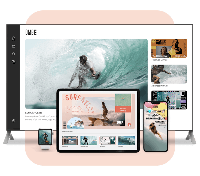 OMBE Surfing's Membership Experience across multiple devices. Specifically, a tv displaying a surfing video, an tablet displaying a surfing video catalog, and a Mobile and Watch app experience.